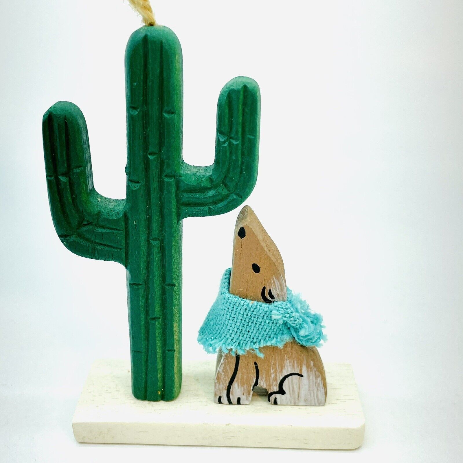Unique Vintage Handmade Wolf And Cactus Christmas Ornament Southwest Wood Taiwan