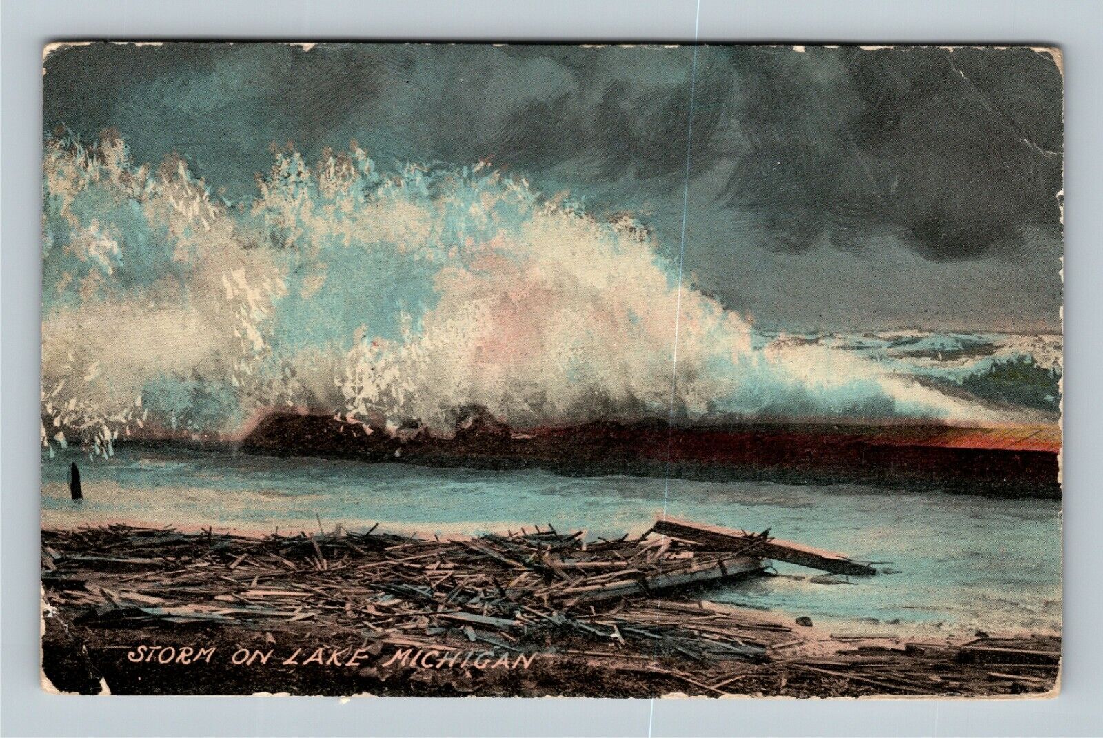 Lake Michigan, Storm On The Lake, Wood Debris, Michigan Vintage Postcard