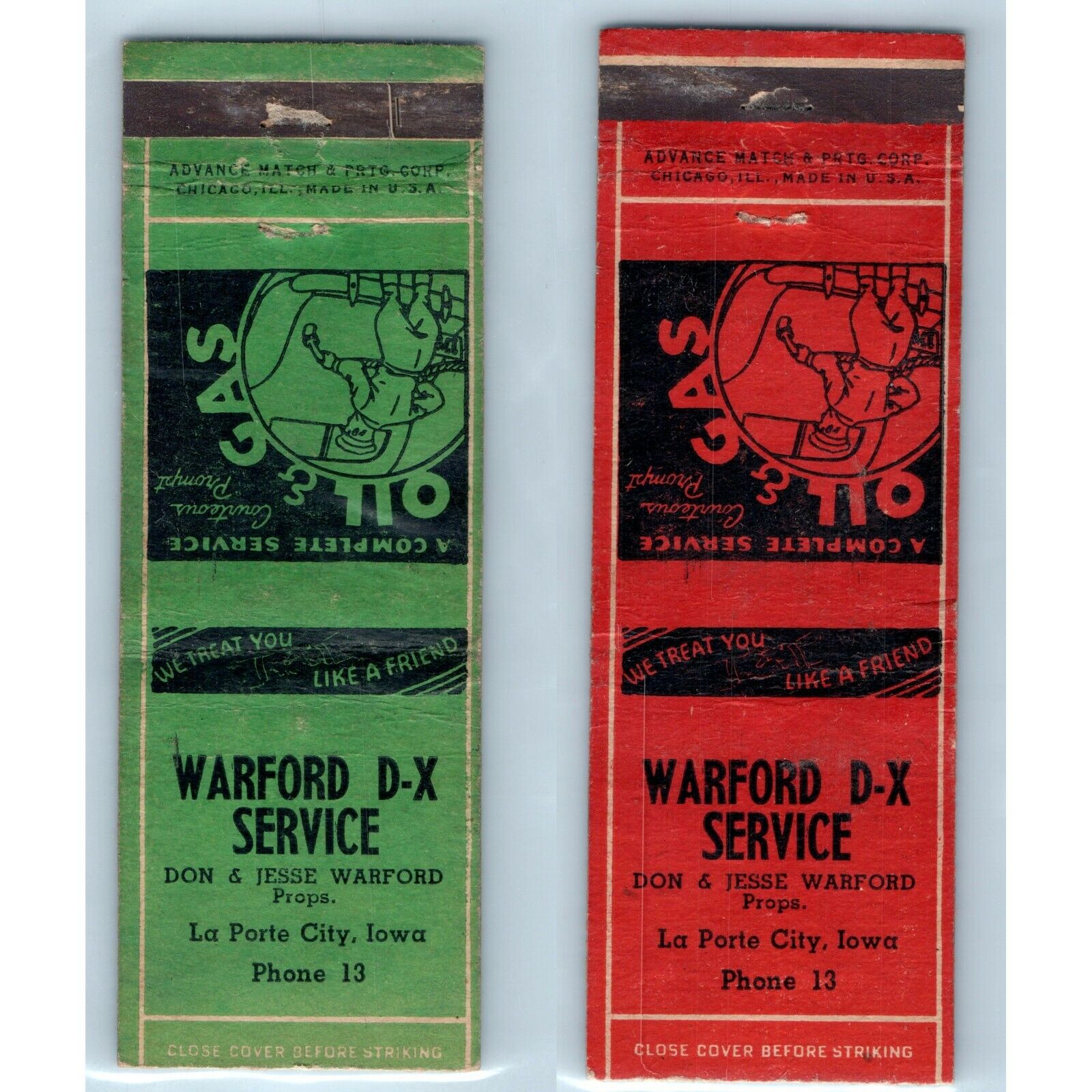 x2 c1940s La Porte City, Iowa Warford D-X Service Matchbook Cover LOT DX Oil C23