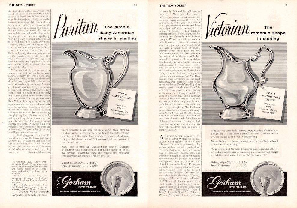1959 Gorham PRINT AD Sterling Silver Puritan and Victorian Pitchers 