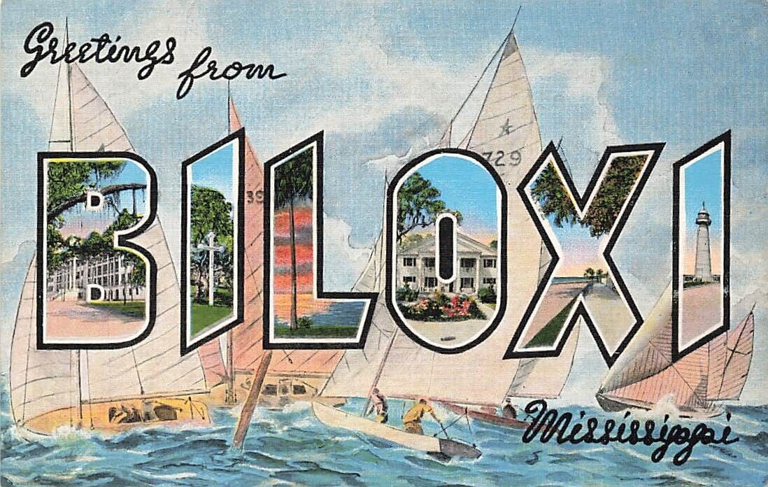 Vintage Large Letter Greetings From Biloxi Mississippi Sailboats Linen P547