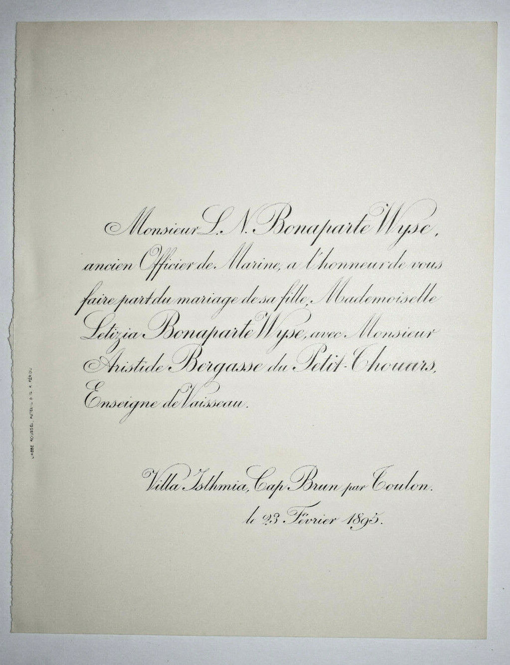 LETIZIA BONAPARTE WYSE Bergasse Petit Thouars SHARE WEDDING Toulon 1895