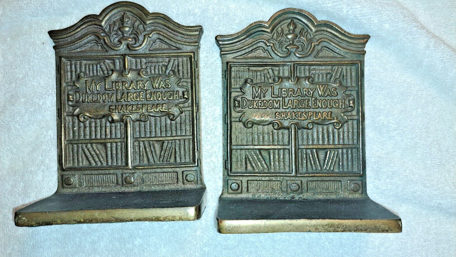 Antique Pair Bronze Bookend Shakespeare My Library Was Dukedom Large Enough
