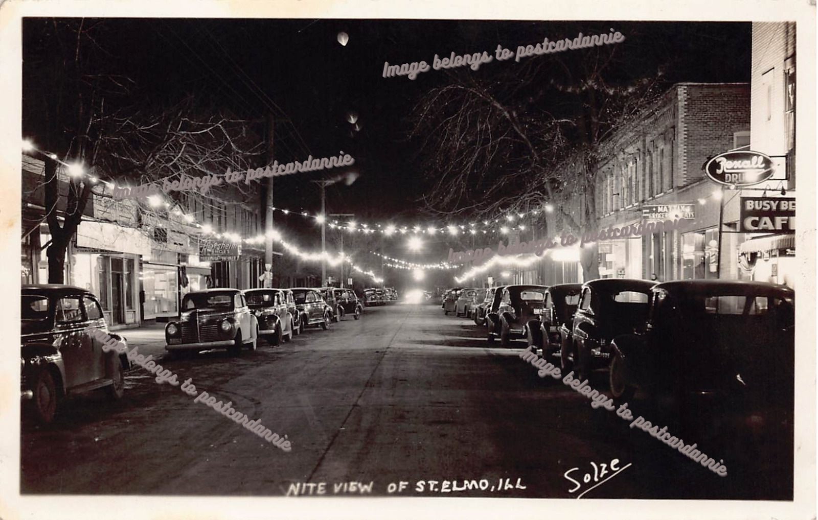 RPPC St Elmo IL Main Street Rexall Pharmacy Store Night Photo Vtg Postcard B17