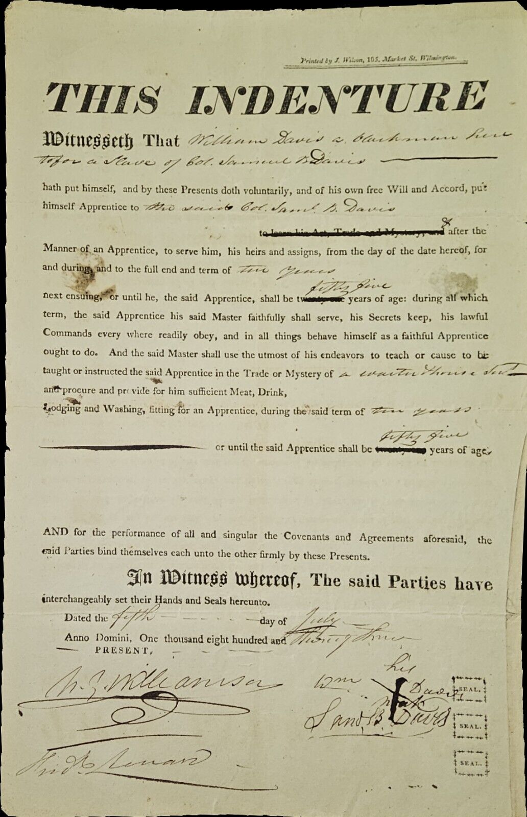 1823 Slave Bill Indenture Samuel Boyer Davis War Of 1812 Bombardment Of Lewes 