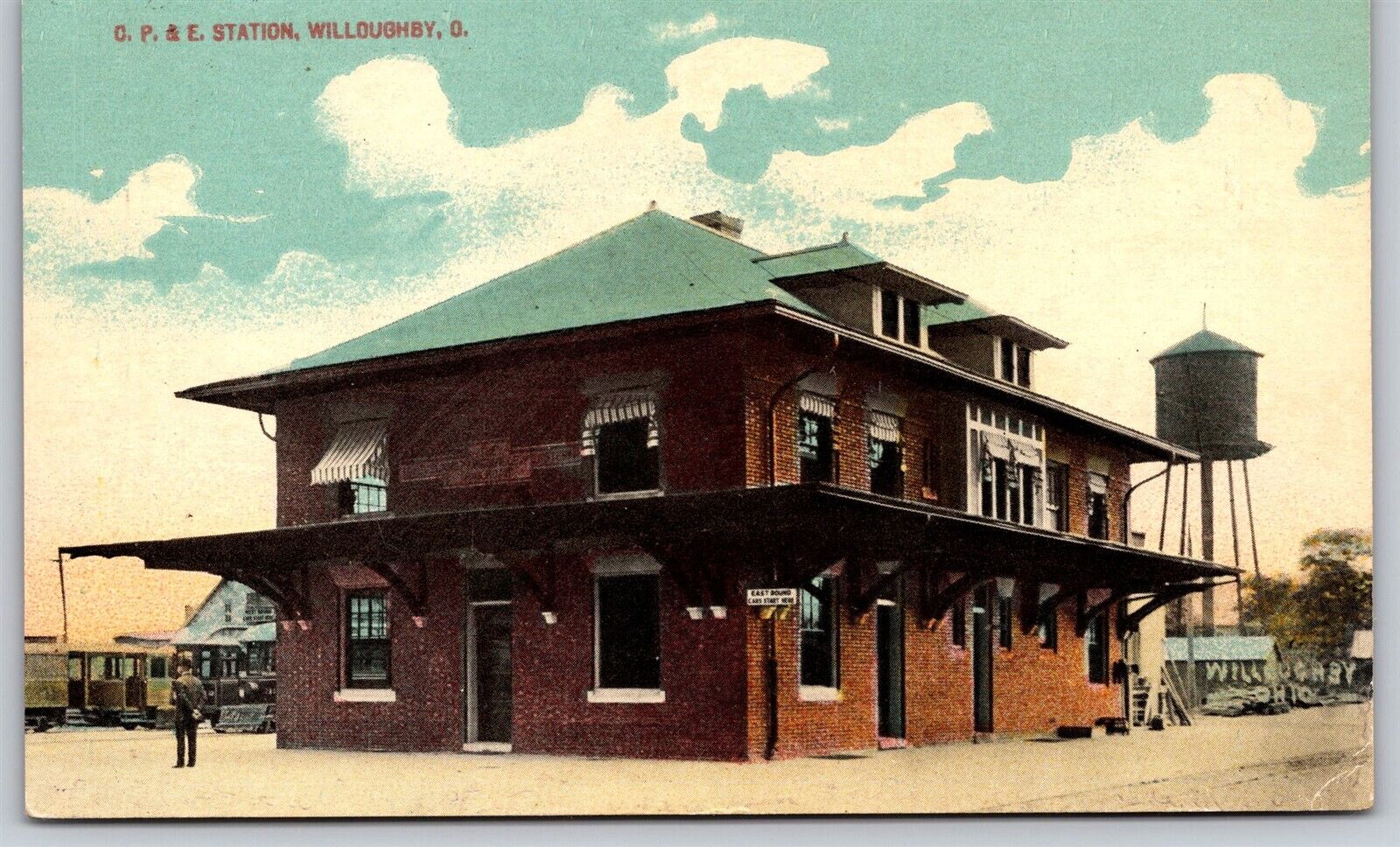 Postcard C P & E Station, Willoughby, Ohio RR water tower 1913 L101