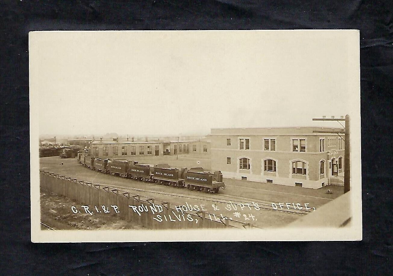 Early 1900\'s RPPC Postcard C.P.I. & P. Round House & Supt\'s Office, Cargo Train
