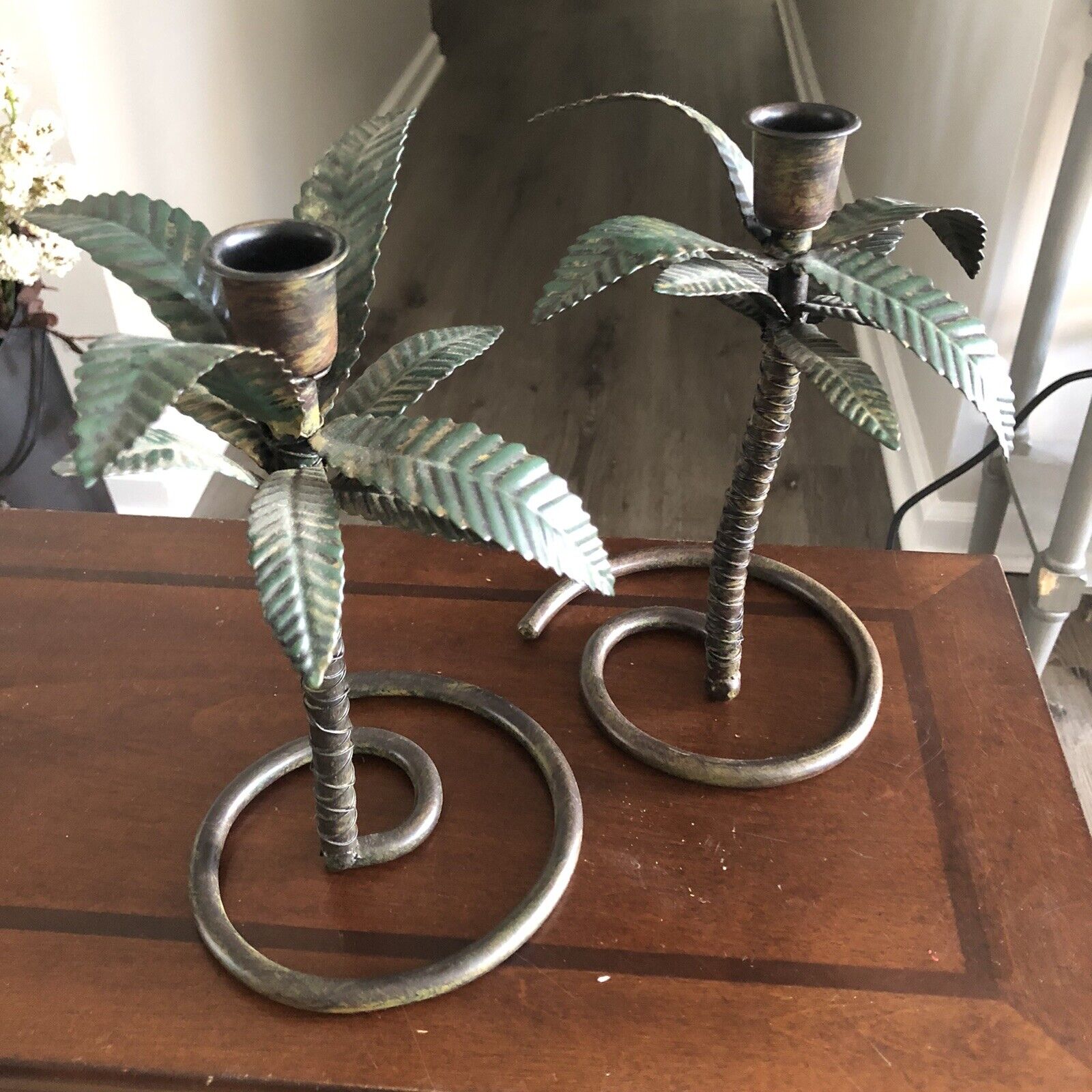 Pair of 8.5” Tall Solid Metal Green Leaves Palm Tree Candle Holders 