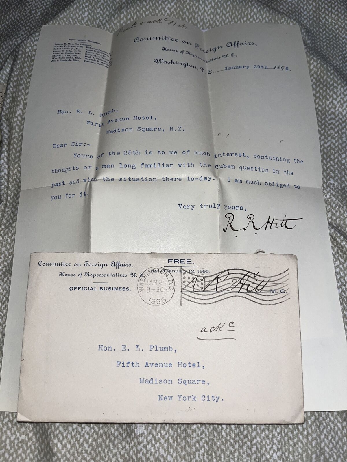 1896 Letter from Foreign Affairs Chair Congressman Hitt on “Cuban Question”