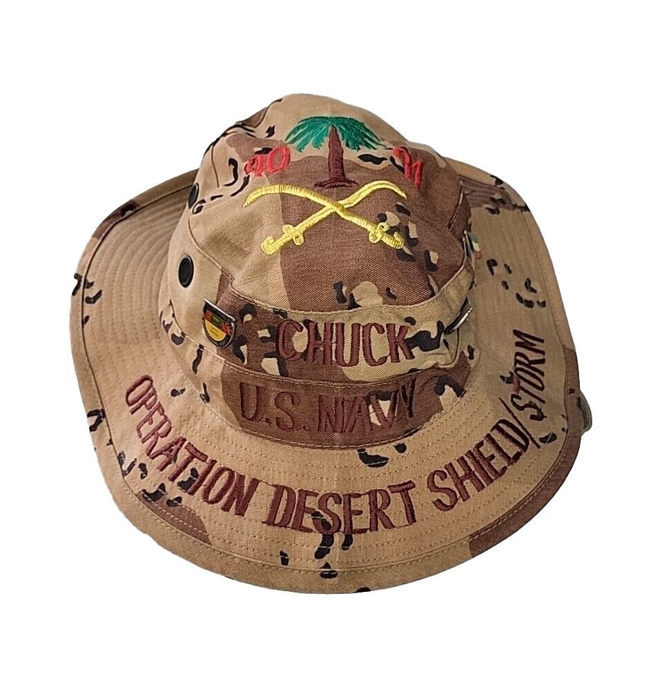 Vtg Named Desert Shield/Storm Bucket Tour Hat Chocolate Chip Camo USN 90-91