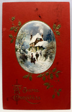 1915 A Joyous Christmas, Winter Scene, Red Background, Vintage Postcard picture