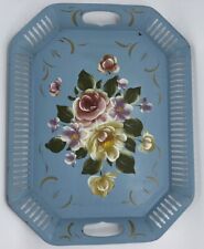 Vintage Serving Tray Hand Painted Toleware Teal Floral 17.5”x 13.5” Shabby Chic picture