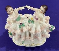 VTG Dresden Lace Figurine Made in Germany 2 Lady Ballerina’s White/Pink Dress picture