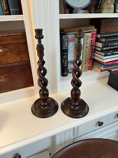 PAIR ANTIQUE TALL 14” ENGLISH OAK OPEN BARLEY TWIST CANDLESTICKS picture