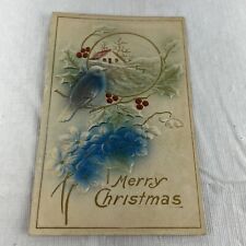 Antique Embossed Christmas Postcard Cabin Blue Bird Winter Scene 1911 With Stamp picture