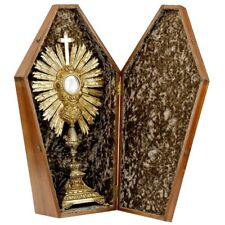 Antique French Gilt Solid Silver Cross Monstrance w/ Luna in Mahogany Box 19th C picture