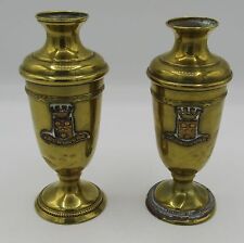 Pair antique brass & copper vase Cherbourg seal/crest 4.25