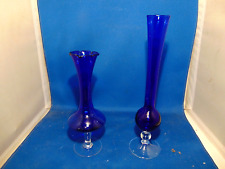 SET OF 2 BLUE COLORED GLASS SINGLE FLOWER VASES picture