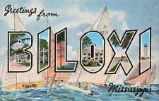 Vintage Large Letter Greetings From Biloxi Mississippi Sailboats Linen P547 picture