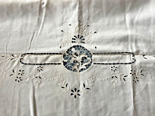 Antique Linen Top Bed Sheet & Pillowcases Thread-work Openwork Italy 94” x 98” picture