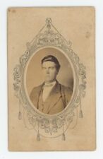 Antique Ornate Cartouche CDV Circa 1870s Handsome Young Man in Suit & Tie picture