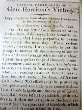 1813 WAR of 1812 newspaper WILLIAM HENRY HARRISON REPORT of BATTLE ofthe THAMES  picture