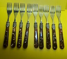 9 Eme Tortoise Shell Napoleon 18/10 Italy Salad Forks Stainless Flatware MCM picture