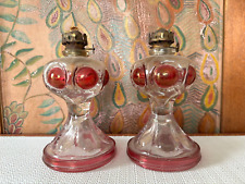Antique Pair Tiffin Style Ruby Red Flashed Bullseye Mini Kerosene Oil Lamp Bases picture