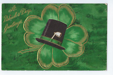 St. Patrick's Day Greetings Postcard Embossed Four Leaf Clover Top Hat Pipe 1909 picture