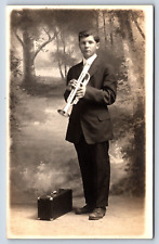Postcard RPPC Handsome Man Musician Trumpet Instrument Case Occupational C3 picture