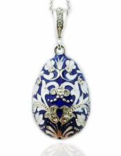 Religious Gifts Fine Jewelry Blue Russian Egg Pendant Silver Enameled 1 1/2 Inch picture