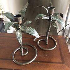 Pair of 8.5” Tall Solid Metal Green Leaves Palm Tree Candle Holders  picture