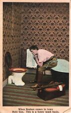 Reuben Sitting on Bathtub Confused about Toilet Being a Wash Basin 1911 Postcard picture