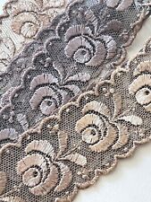 Antique French Embroidered Net Lace Trim Taupe  XX965 picture