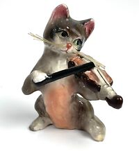 Vintage Japan Cat Playing Fiddle Violin Mini Hand Painted Ceramic Kitty Figurine picture
