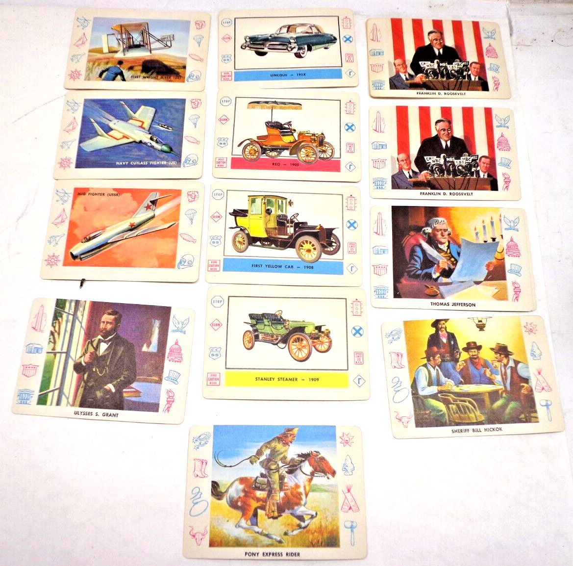 13 1958 CARDO MIXED LOT TRADING CARDS PRESIDENTS AUTOMOBILE PLANES COWBOY INDIAN