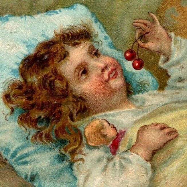 Ayer's Cherry Pectoral for Coughs Child in Bed w/ Cherries Victorian Trade Card