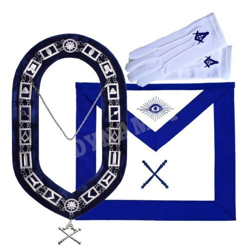 Masonic Regalia Blue Lodge Officer Marshal Apron, Silver Chain Collar & Gloves