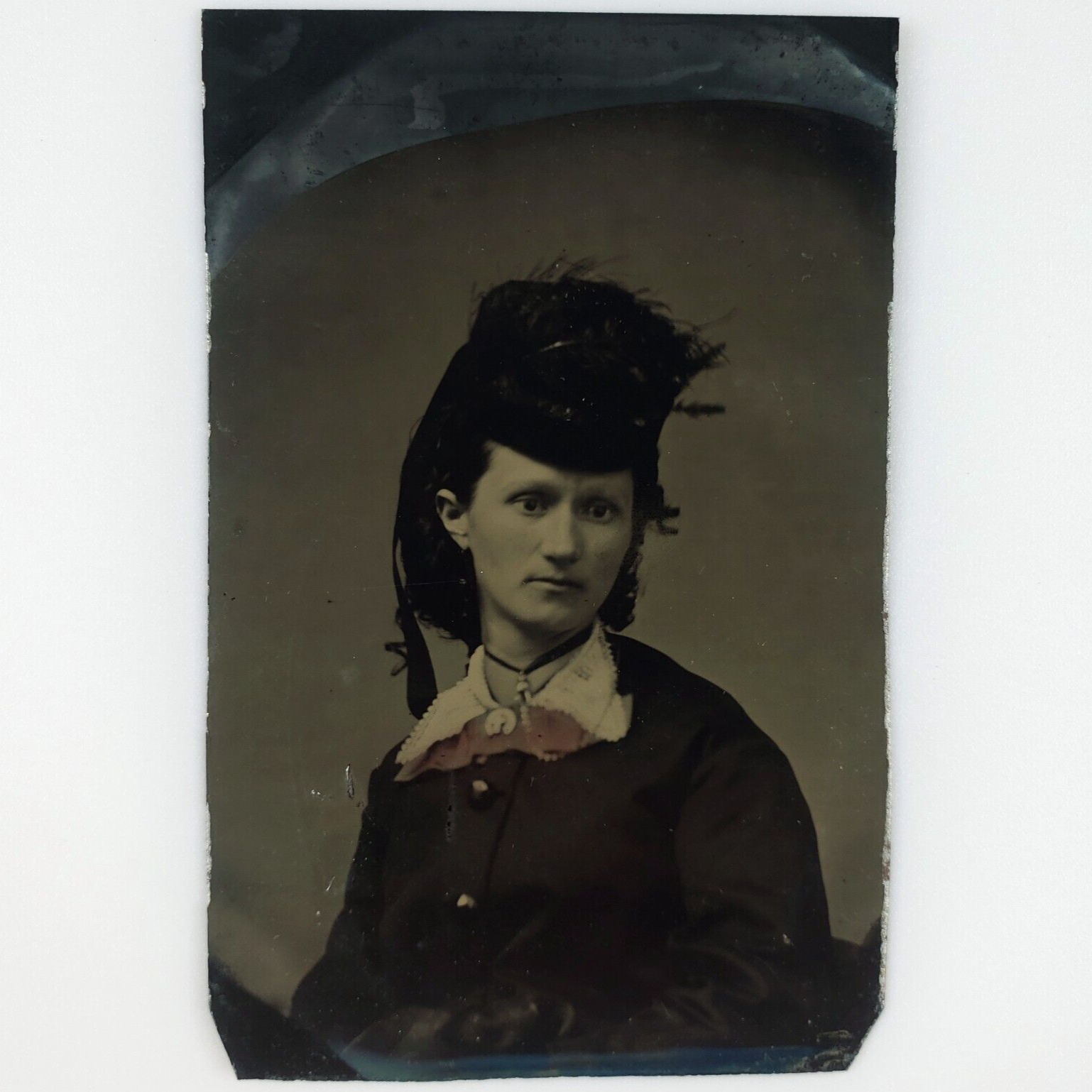 Big Feather Hat Woman Tintype c1870 Antique 1/9 Plate Goth Girl Lady Photo C2004