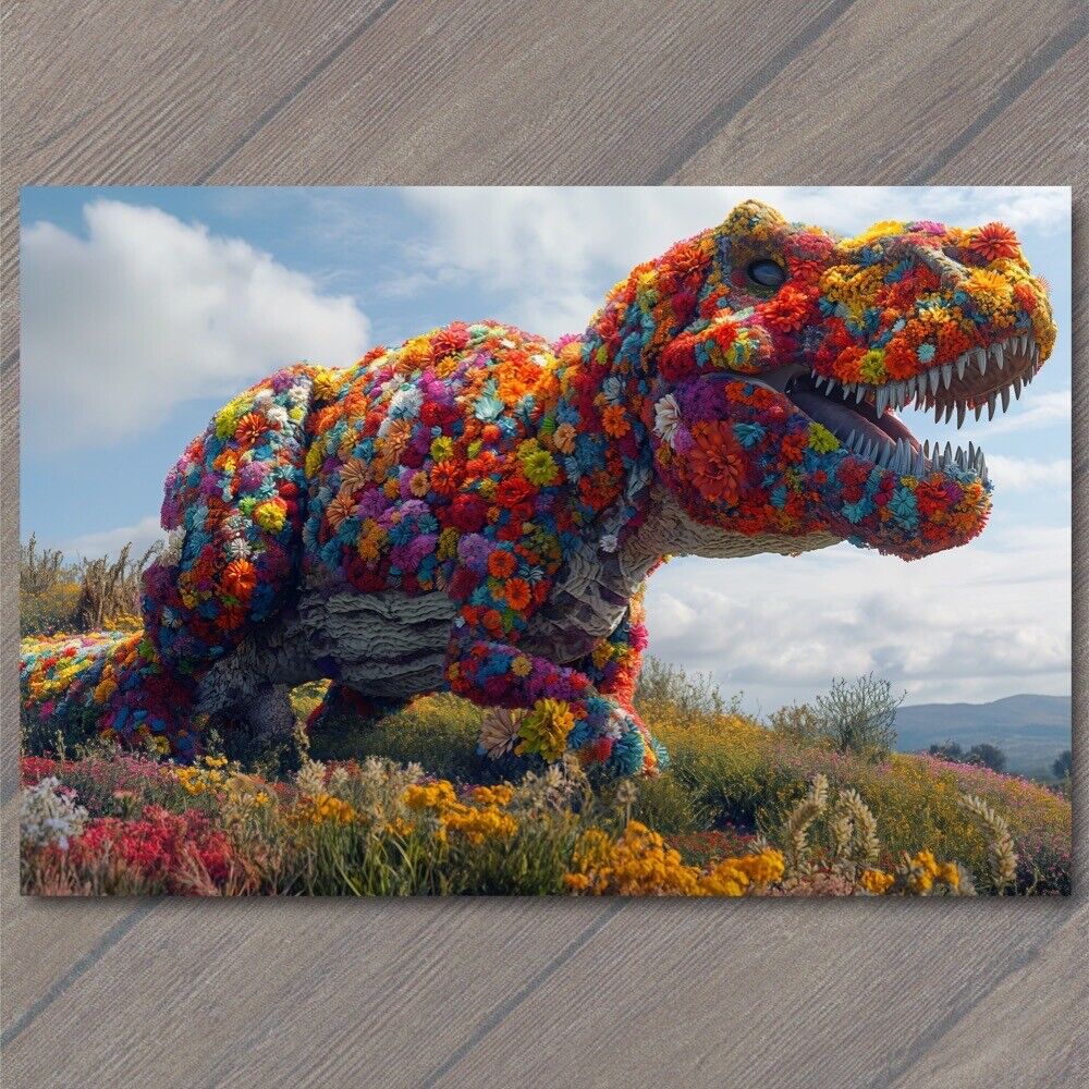 POSTCARD T Rex Dinosaur Covered Flowers Cute Fun Strange Colorful Unreal Unusual
