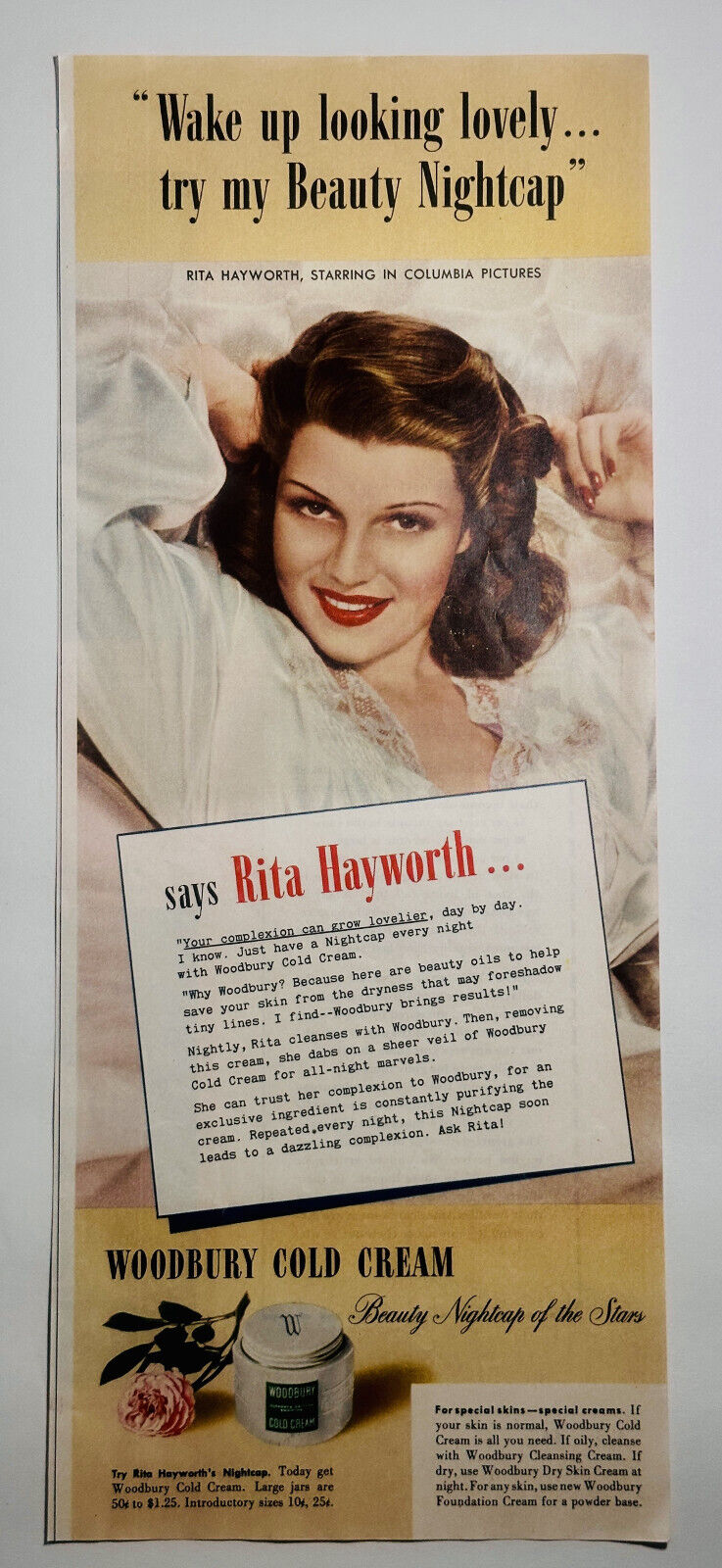 Vintage 1942 Print Ad Woodbury Cold Cream Celebrity Hollywood Star Rita Hayworth