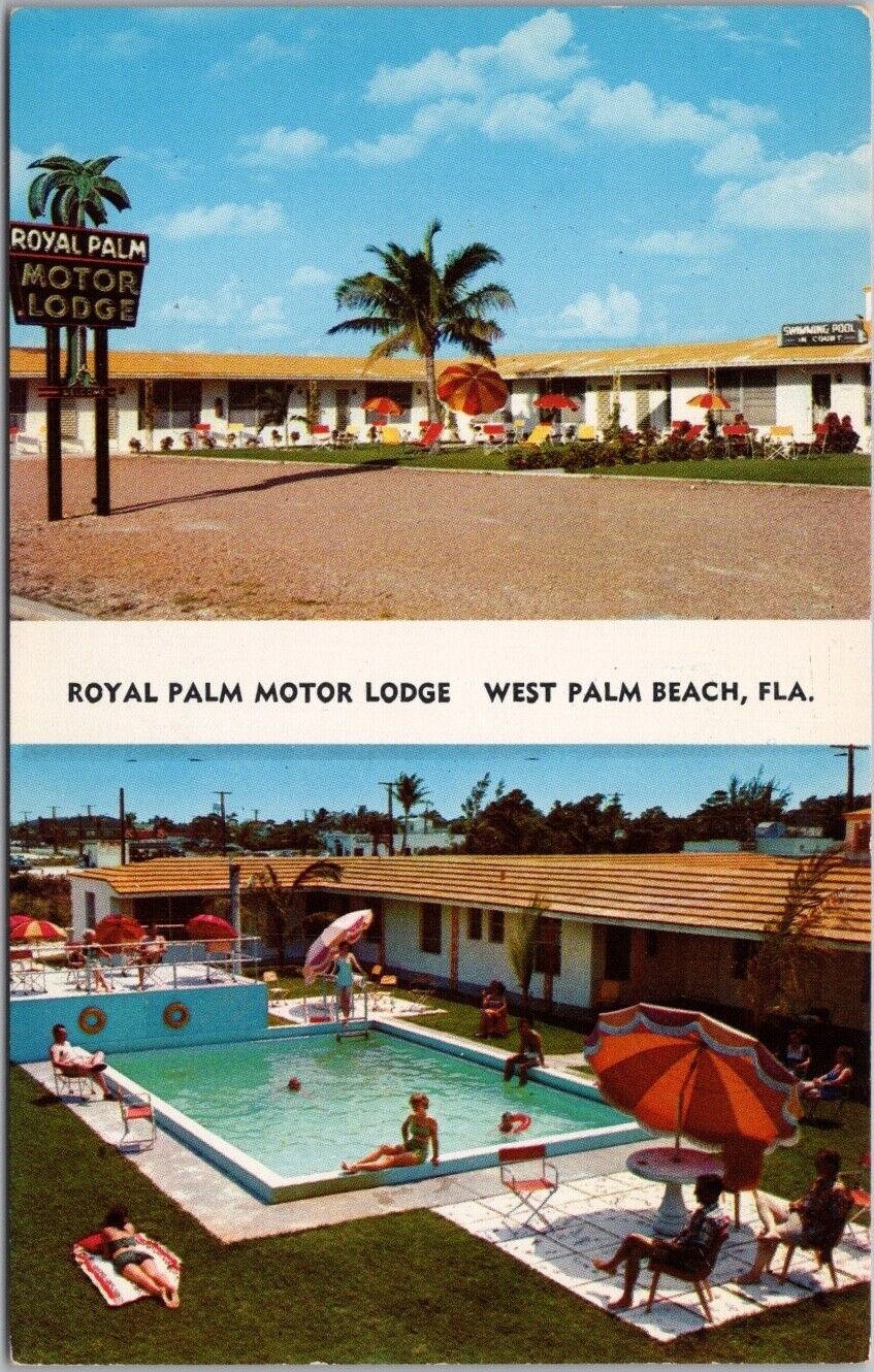 WEST PALM BEACH, Florida Postcard ROYAL PALM MOTOR LODGE Pool Scene c1960s