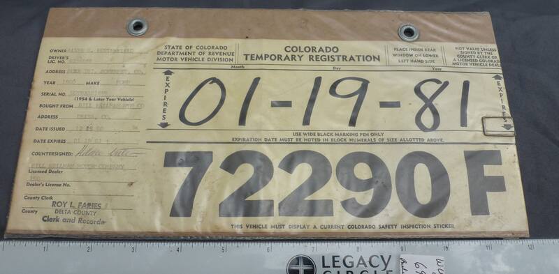 COLORADO PAPER LICENSE REGISTRATION-1981-#72290F