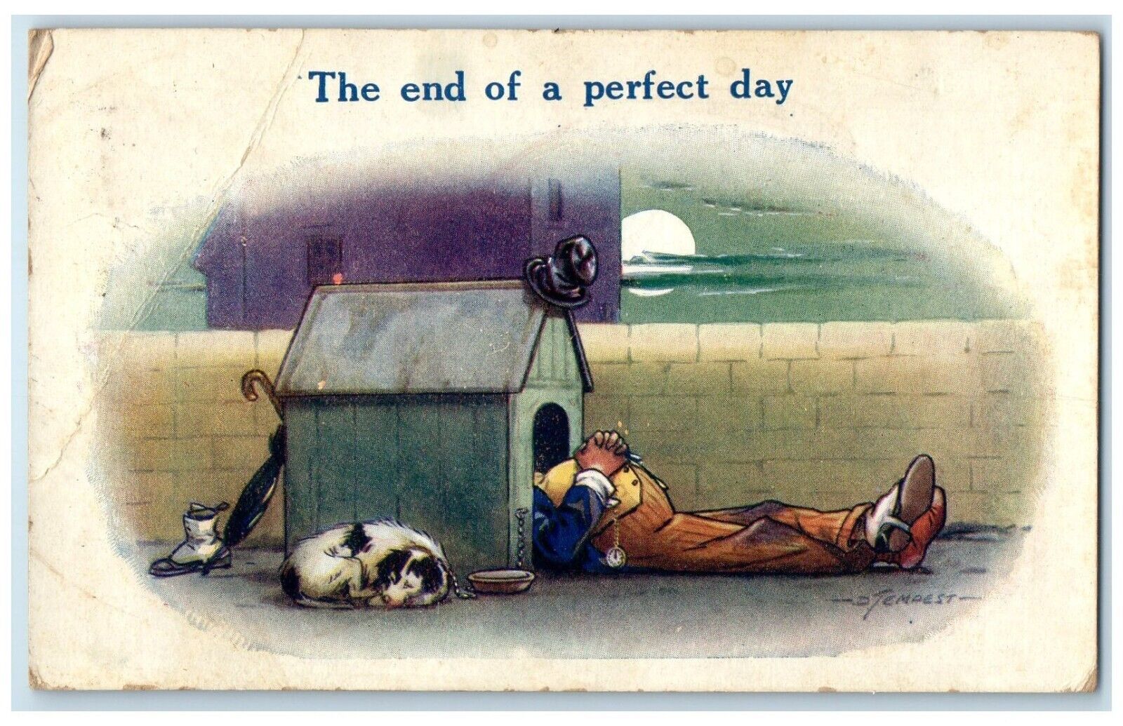 c1910's Dog House The End Of A Perfect Day Elgin IL Bamforth Antique Postcard