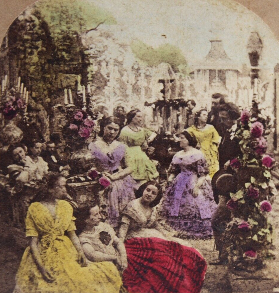 Stereoview Love Among The Roses Hand Tinted Women w/ Suitor in Garden 1860s