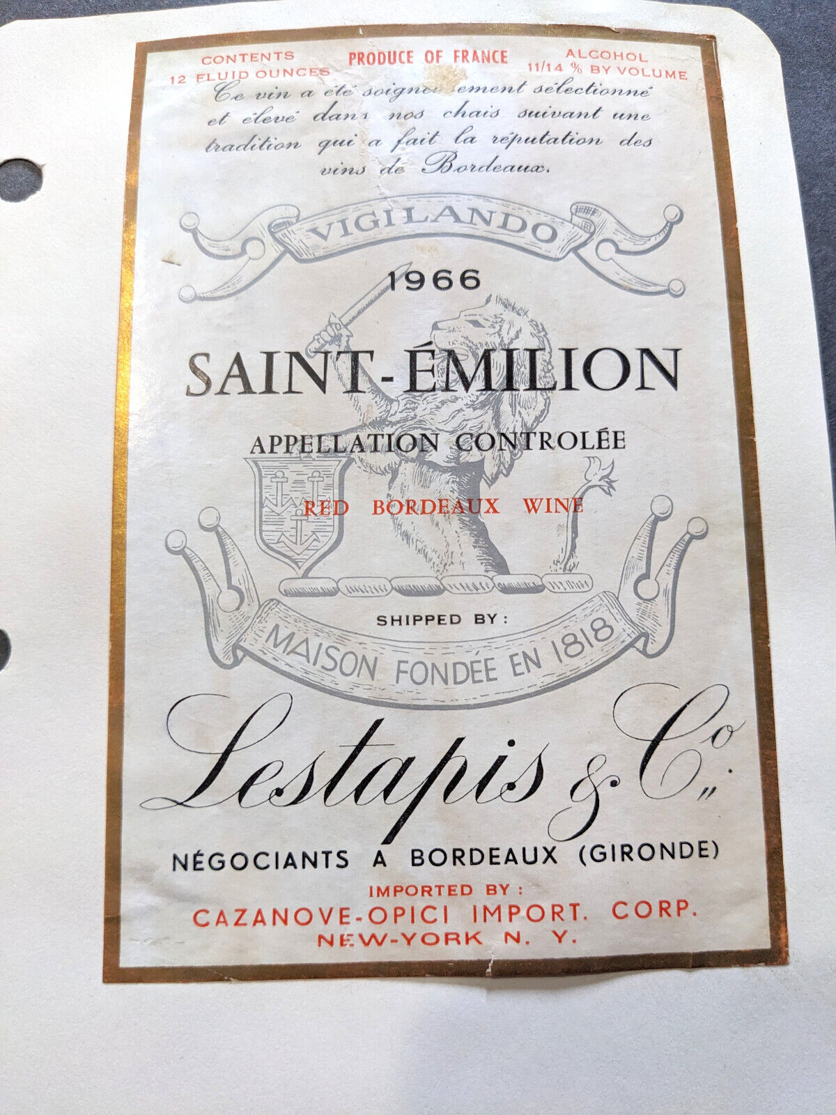 Vintage 1966 Saint Emilion Lestapis & Co Bordeaux Gironde Red Wine Label