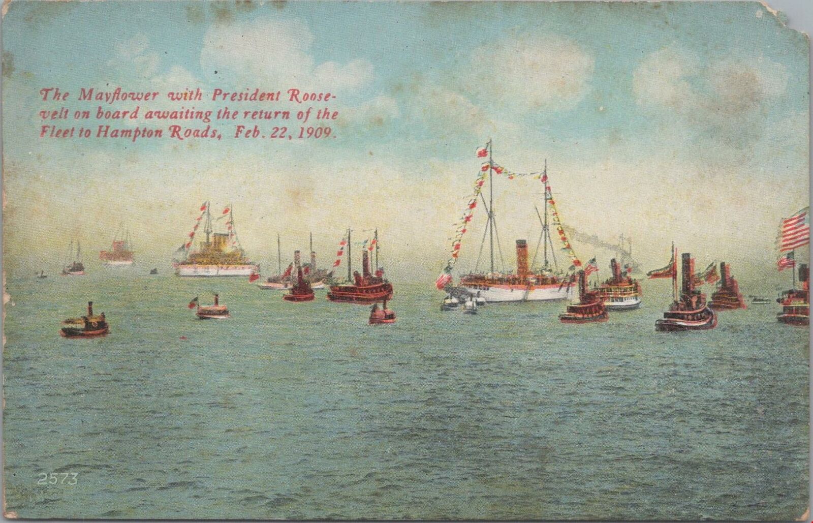 Postcard Ship Mayflower + President Roosevelt Return of Fleet Hampton Roads 1909