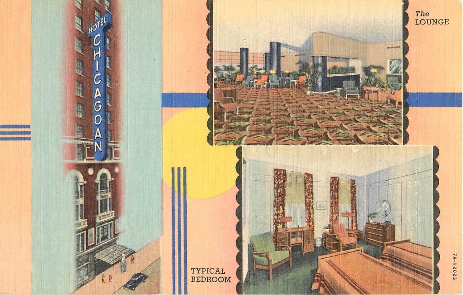 c1940 Hotel Chicagoan, Typical Bedroom/Lounge, Chicago, Illinois Postcard