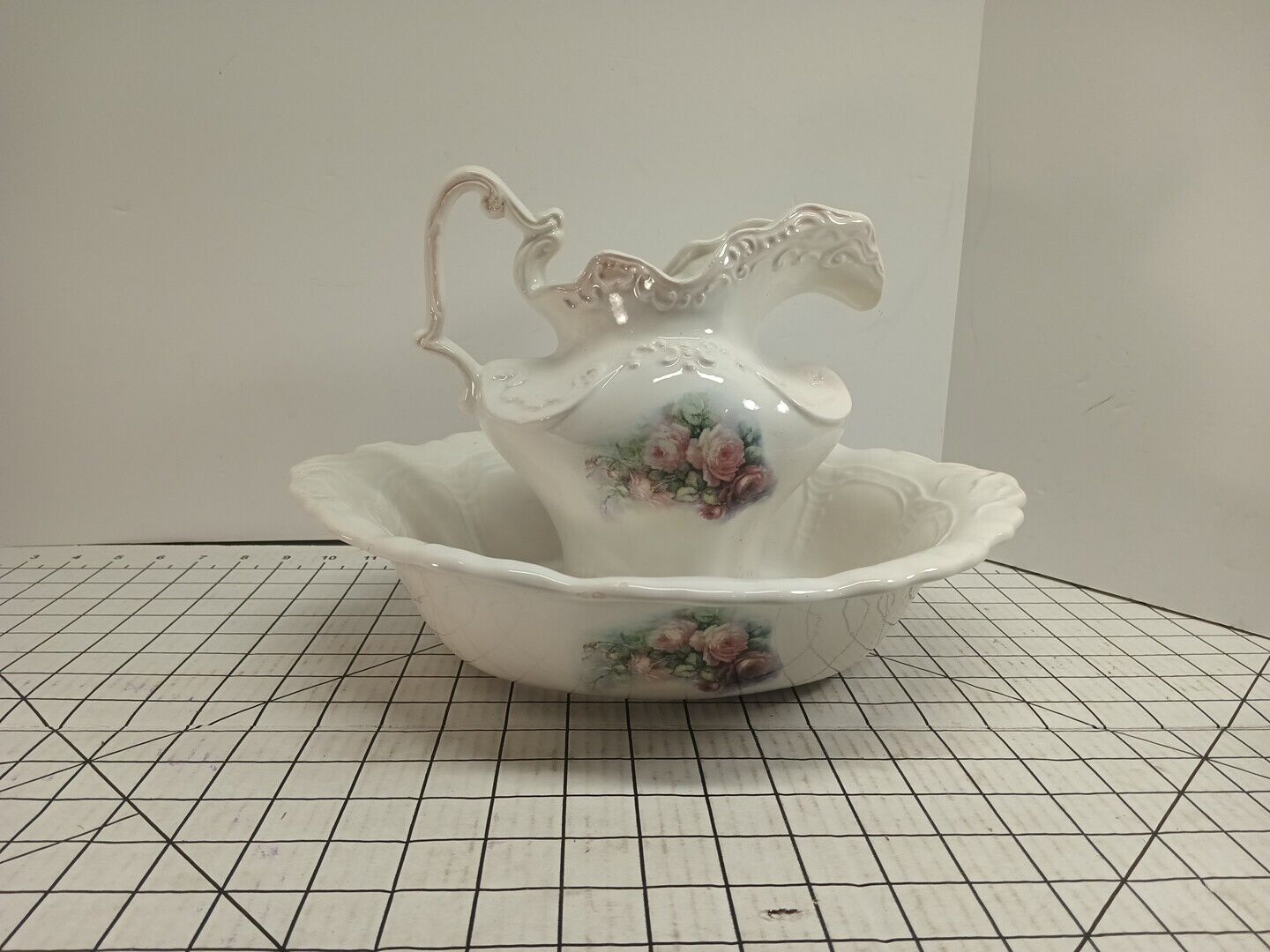 Beautiful Wash Basin And Pitcher Large Floral Design Porcelain Hand Made Signed