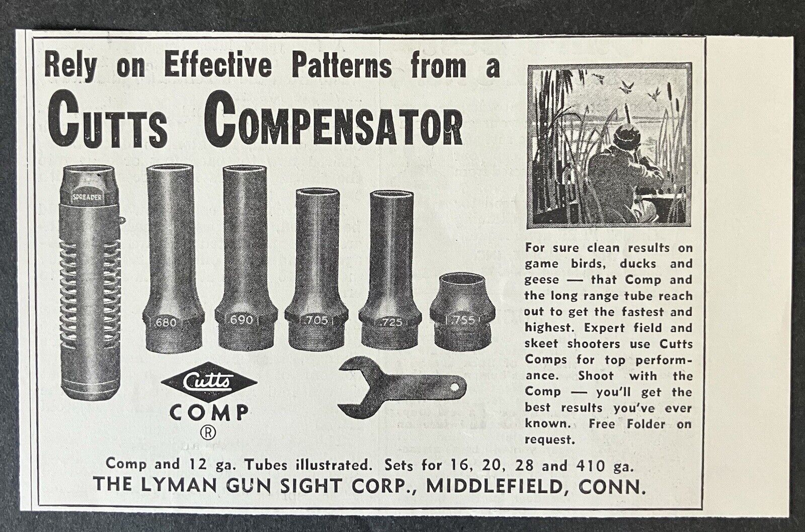 1949 Cutts Compensator Lyman Gun Sight Corp. Middlefield CT B&W Vintage Print Ad